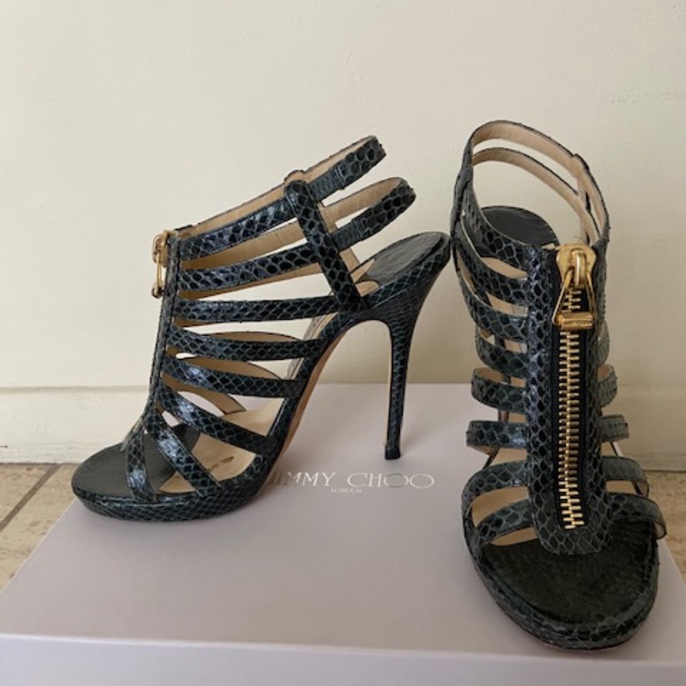 Jimmy Choo Glenys Platform Elaphe Sandal Shoe High Heel With Gold Zip 37.5